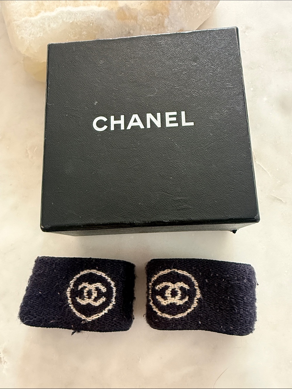 Vintage CHANEL Black Logo wrist sweatbands with White CC Emblem - Pair
